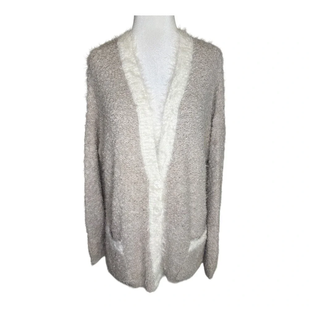 Philosophy Taupe Ivory Fuzzy Cozy Cardigan Open Front Sweater XL NWT‎